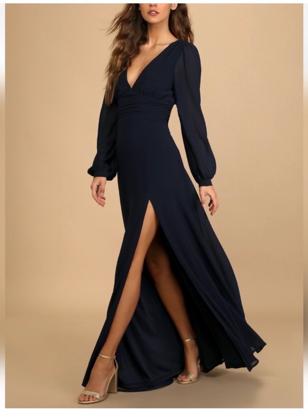 NWT Lulu's Navy Long-Sleeve V-Neck Maxi Dress with High Slit